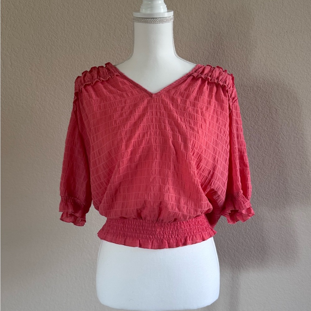 NYC Coral Puff Sleeve Blouse with Smocked Details